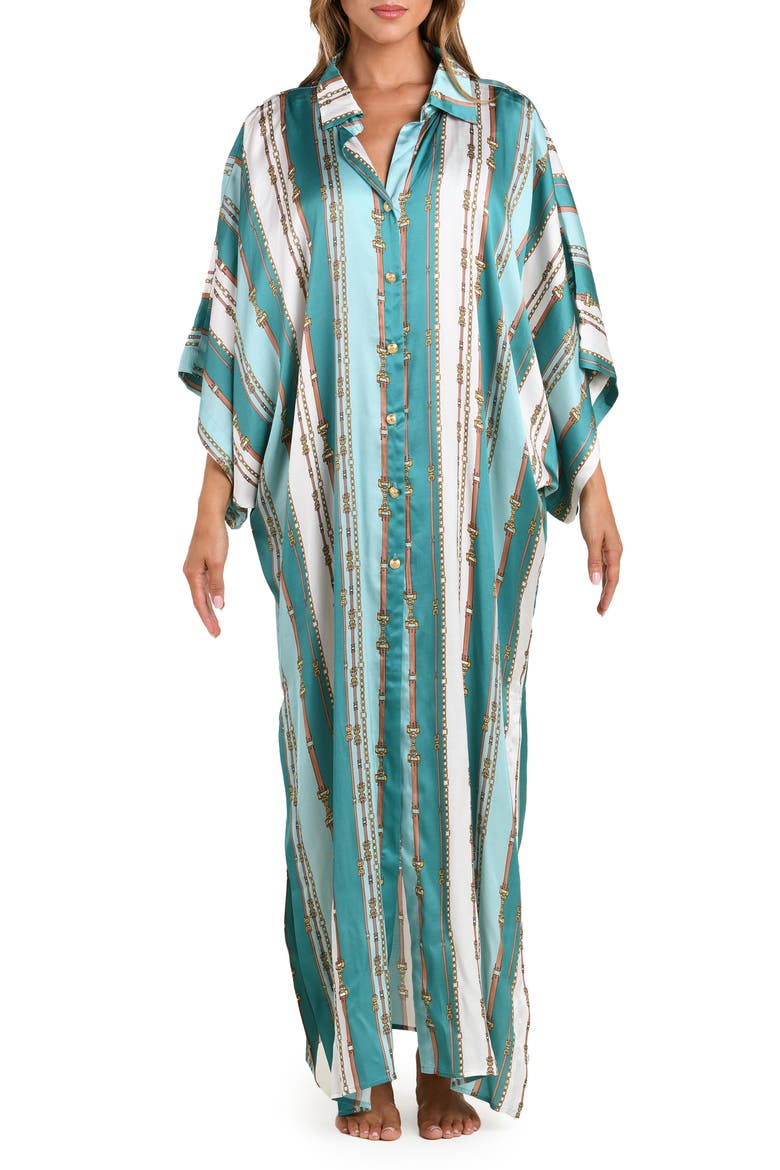 Wrena Belt Stripe Satin Maxi Cover-Up Shirtdress, Main, color, GREEN MULTI