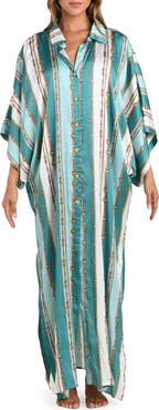L'AGENCE Wrena Belt Stripe Satin Maxi Cover-Up Shirtdress