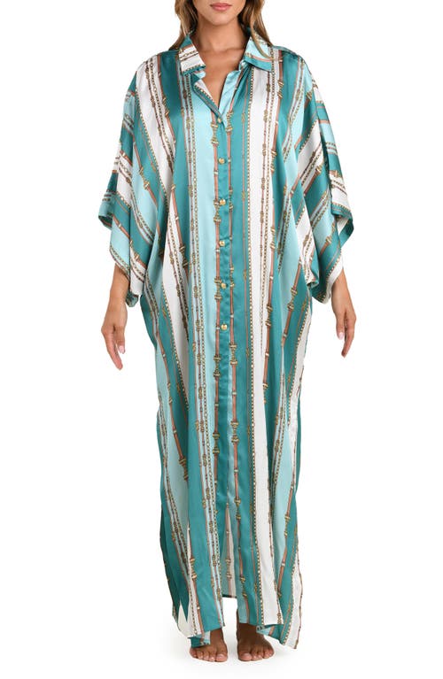 L'agence Wrena Belt Stripe Satin Maxi Cover-up Shirtdress In Green