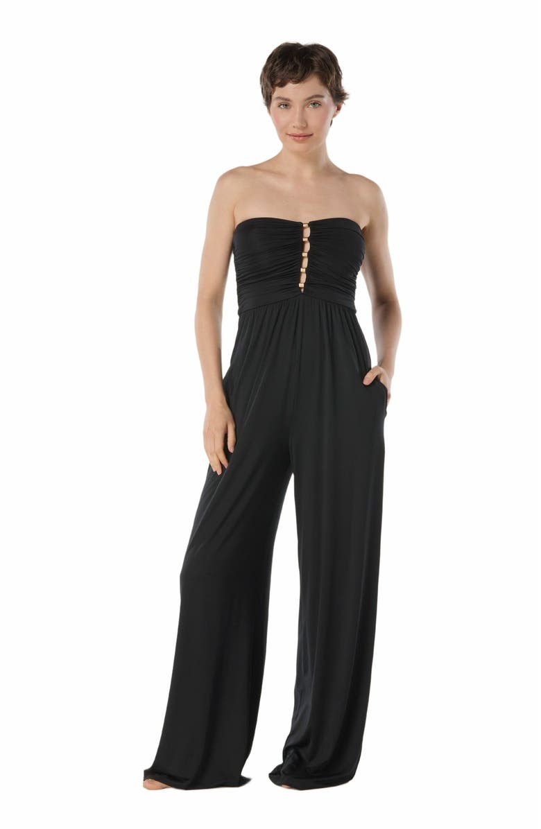 Carmen Marc Valvo Ruched Beaded Jumpsuit Cover Up, Main, color, 