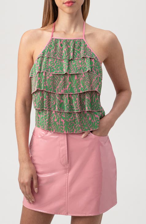 Petal Print Plissé Ruffle Halter Top