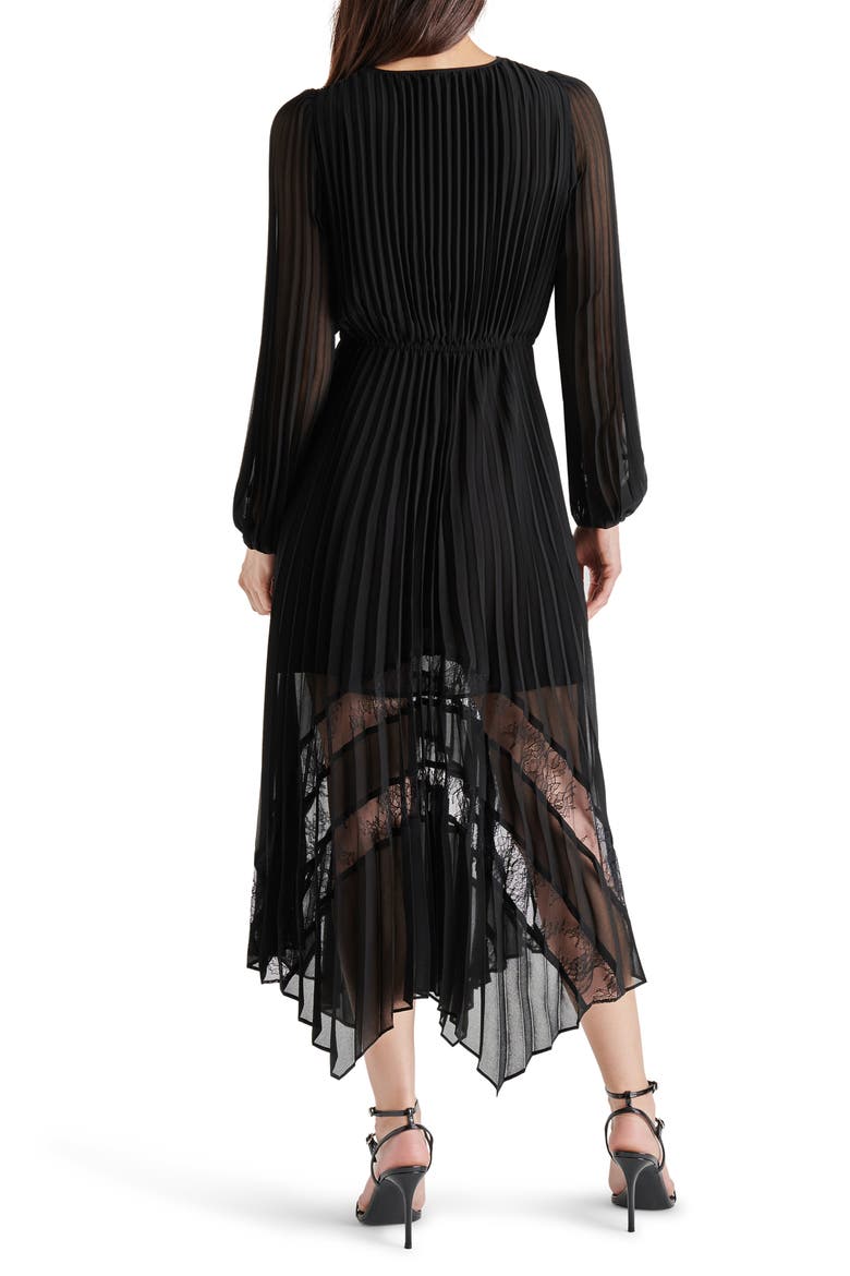 Ari Pleated Long Sleeve Chiffon & Lace Dress, Alternate, color, BLACK