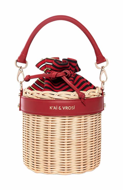 Leather & Straw Bucket Bag with Drawstring