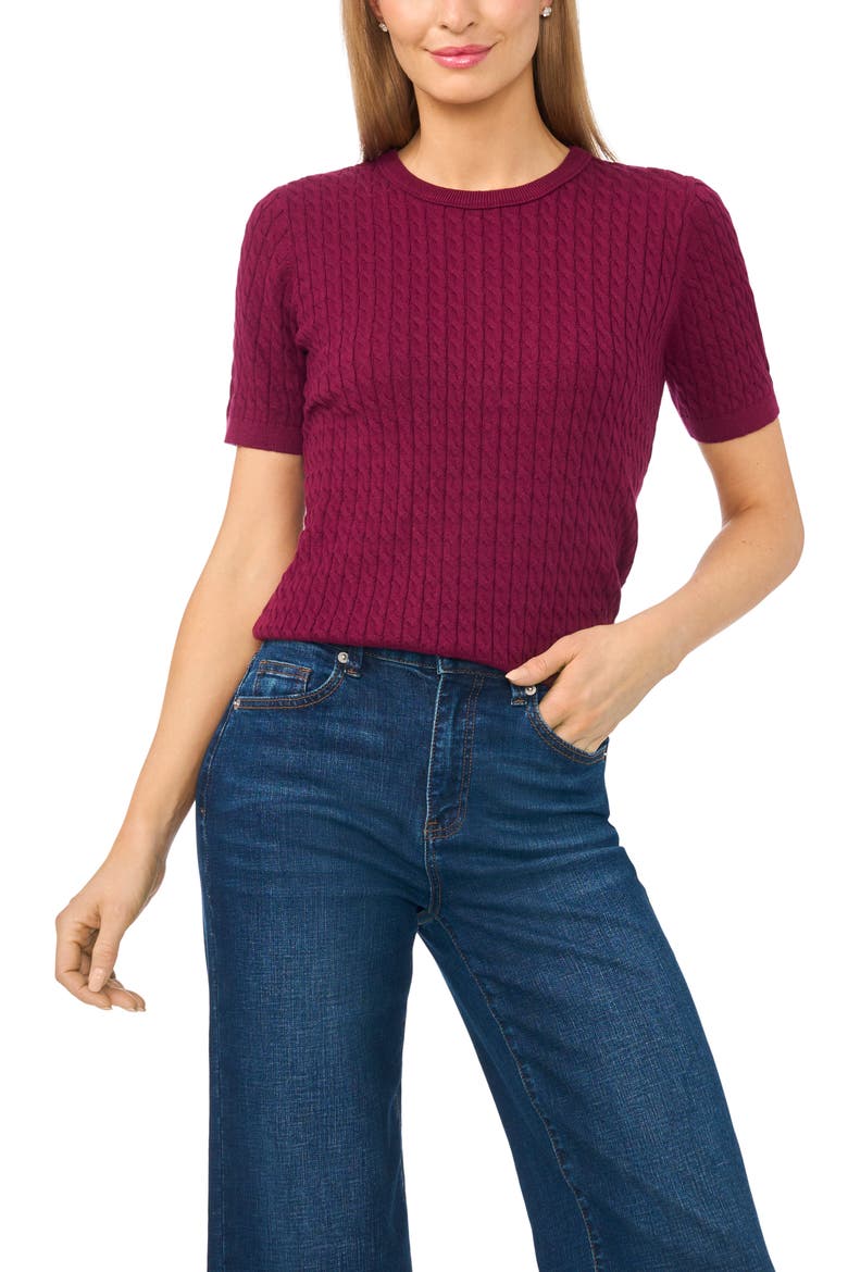 Cable Stitch Short Sleeve Crewneck Sweater, Main, color, PURE PLUM
