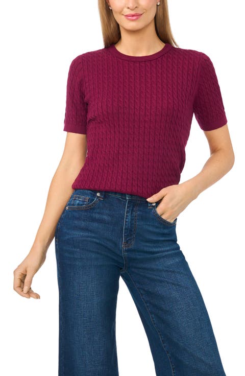 Cable Stitch Short Sleeve Crewneck Sweater