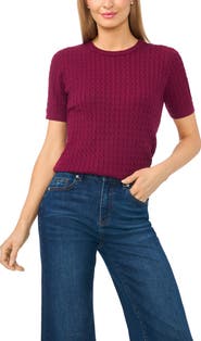 Halogen® Cable Stitch Short Sleeve Crewneck Sweater