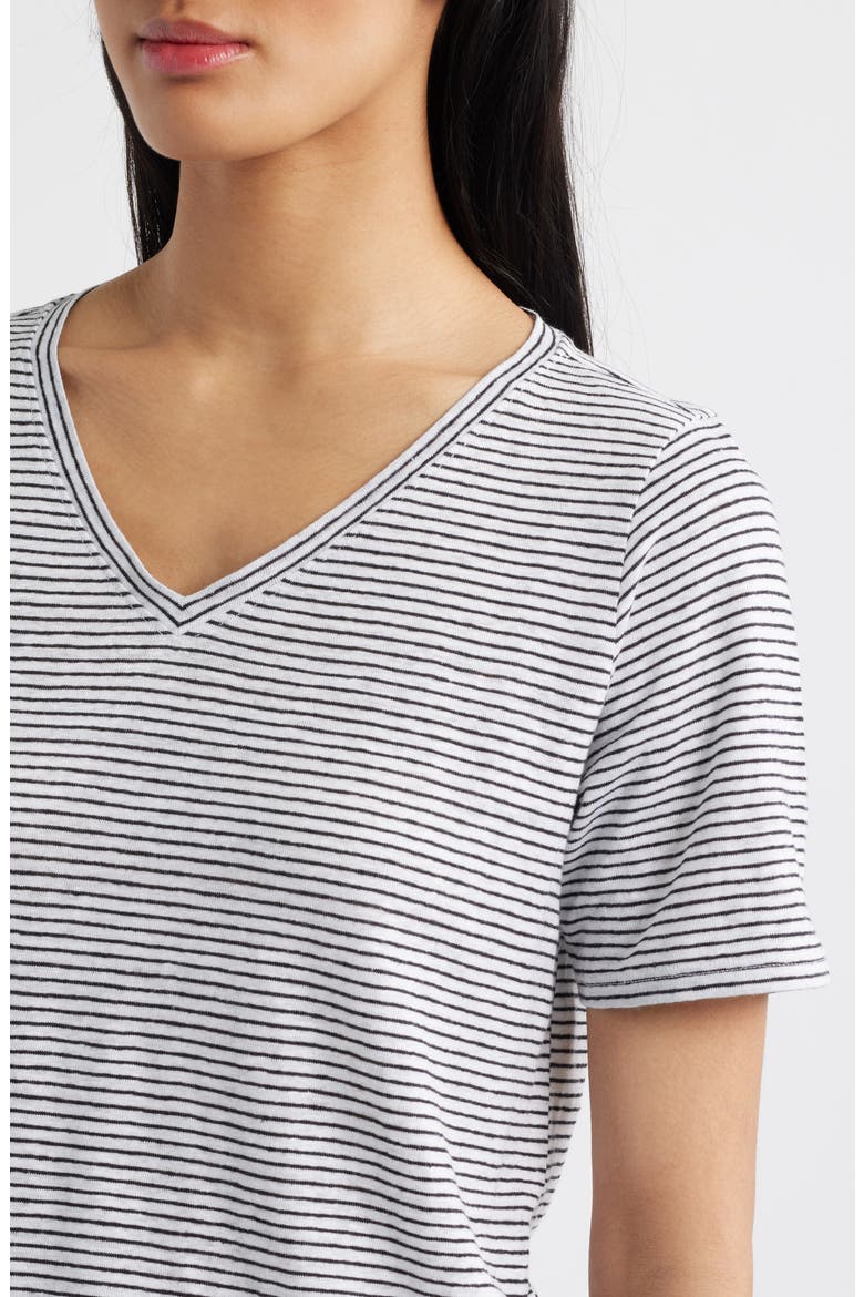 Stripe V-Neck Organic Linen T-Shirt, Alternate, color, WHITE/ BLACK