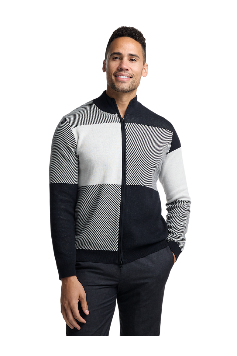 Cotton Full Zip Mock Neck Sweater, Alternate, color, BLACK/WHITE GLEN PLAID
