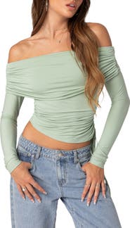 EDIKTED Off the Shoulder Side Ruched Knit Top
