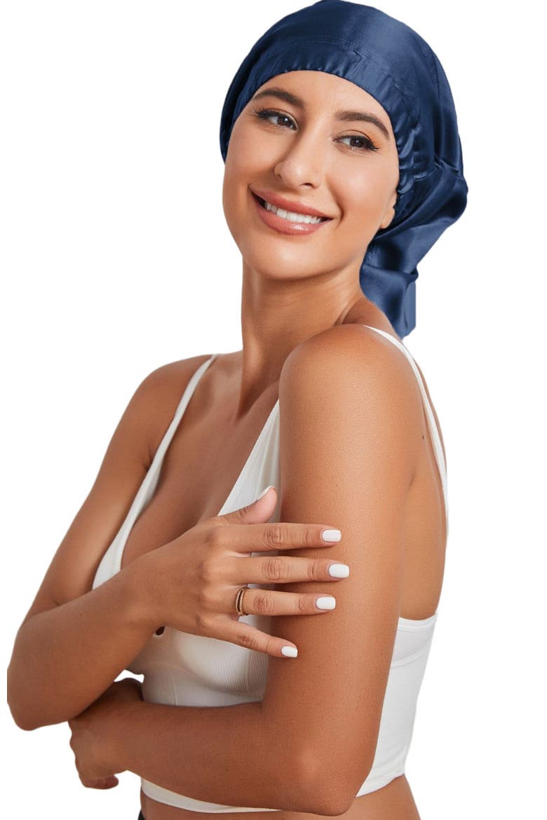 Pure Silk Elasticated Bonnet, Alternate, color, DarkBlue