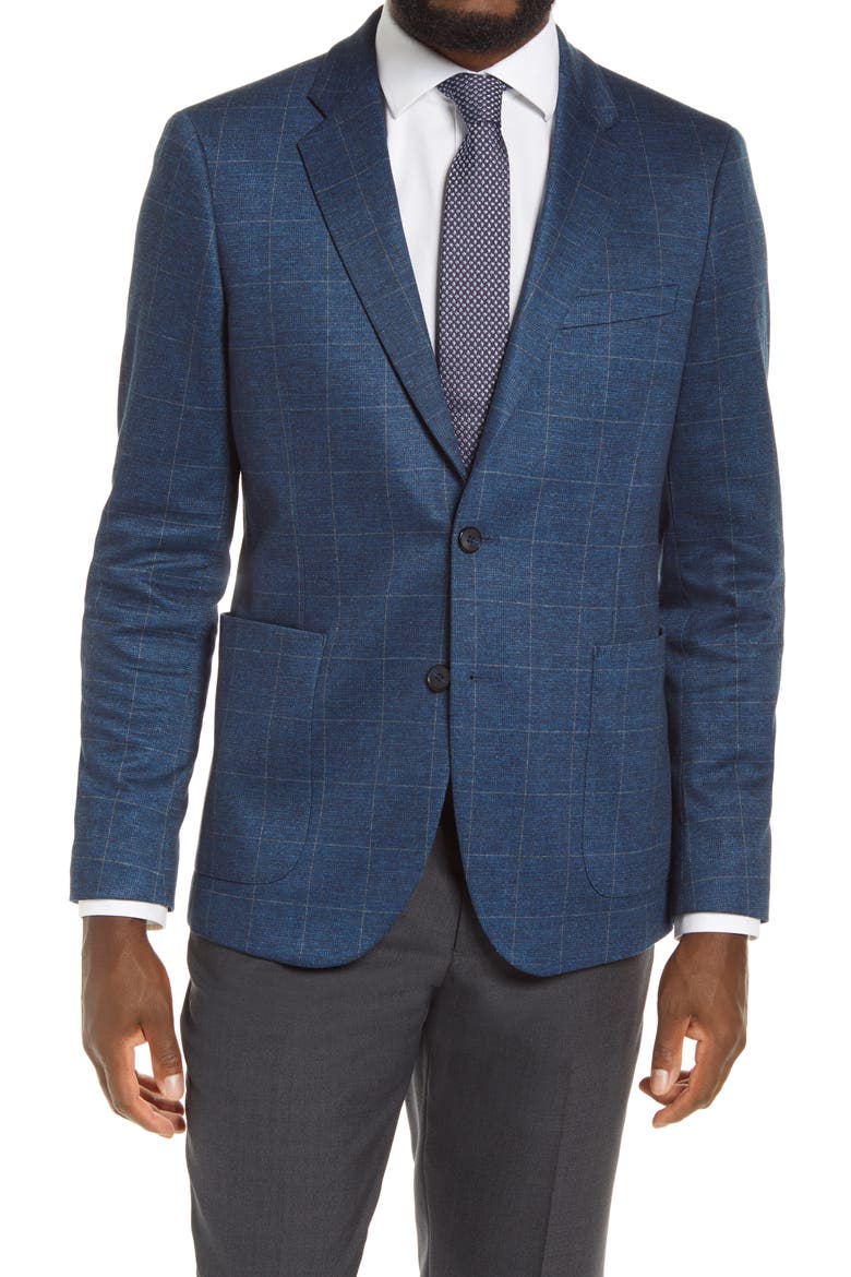 Trim Fit Plaid Stretch Knit Sport Coat, Main, color, BLACK BLUE GLEN PLAID PRINT