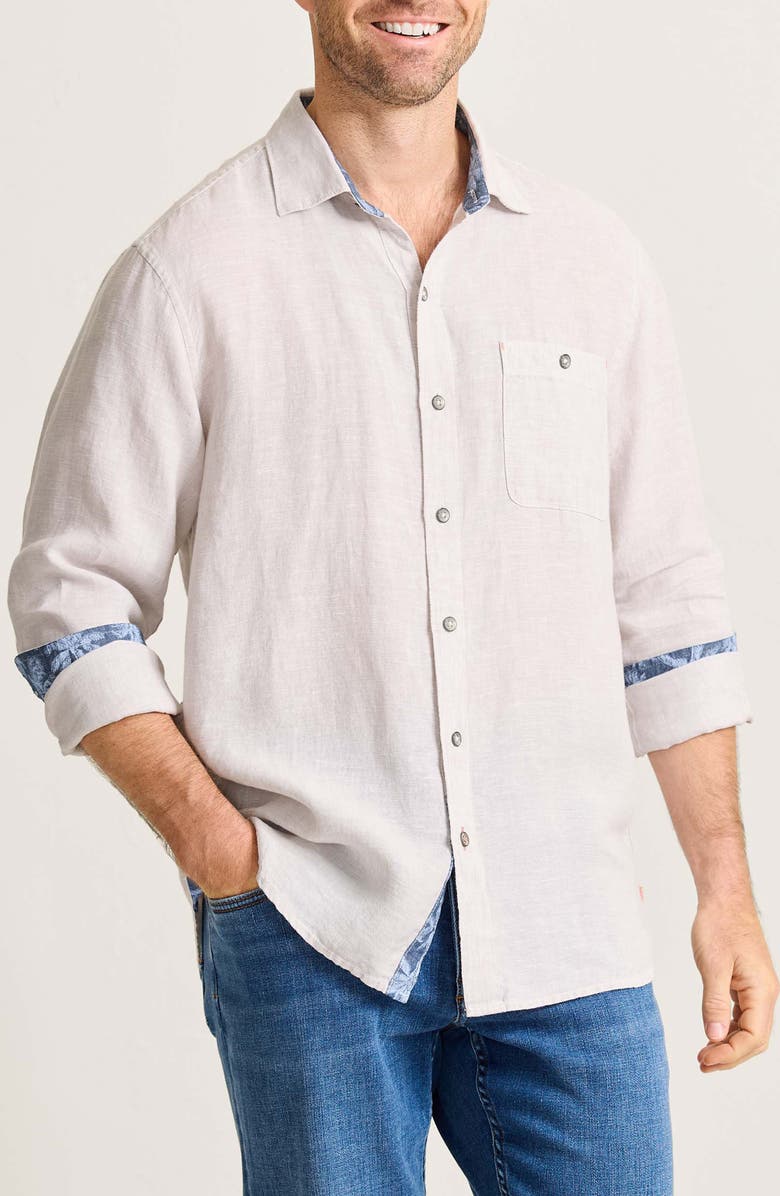 Tommy Bahama Del Mar Island Embroidered Linen Button-Up Shirt, Main, color, Natural