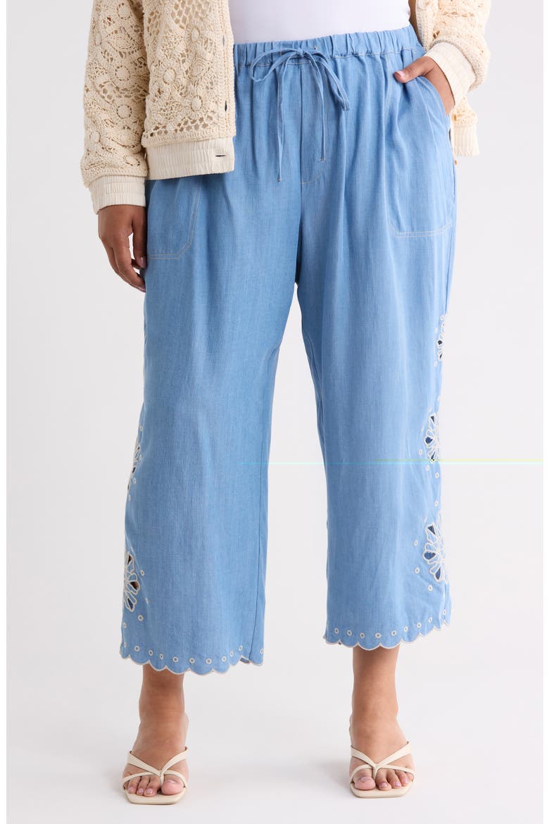 Eyelet Lace Trim Drawstring Pants, Main, color, WASHED DENIM/ CREAM