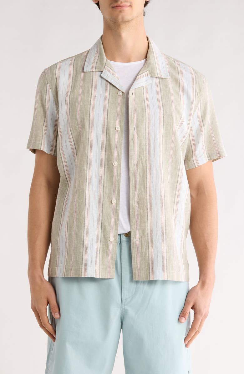 14th & Union Linen & Cotton Short Sleeve Camp Shirt, Main, color, Olive River Stripe
