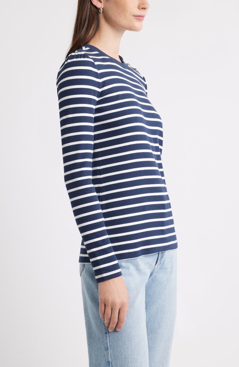 Caslon<sup>®</sup> Stripe Button Shoulder Long Sleeve Rib T-Shirt, Alternate, color, Navy- White Josephine Stripe