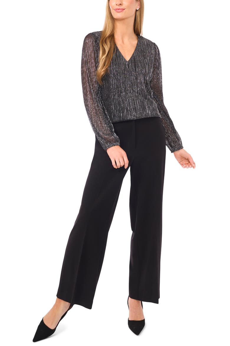 Metallic Plissé V-Neck Top, Alternate, color, BLACK/ SILVER