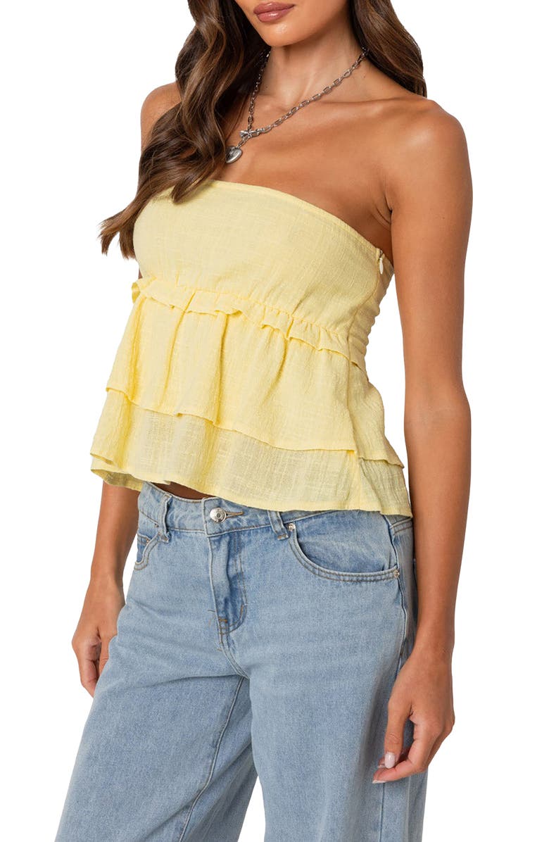 EDIKTED Smocked Ruffle Strapless Top, Alternate, color, Yellow