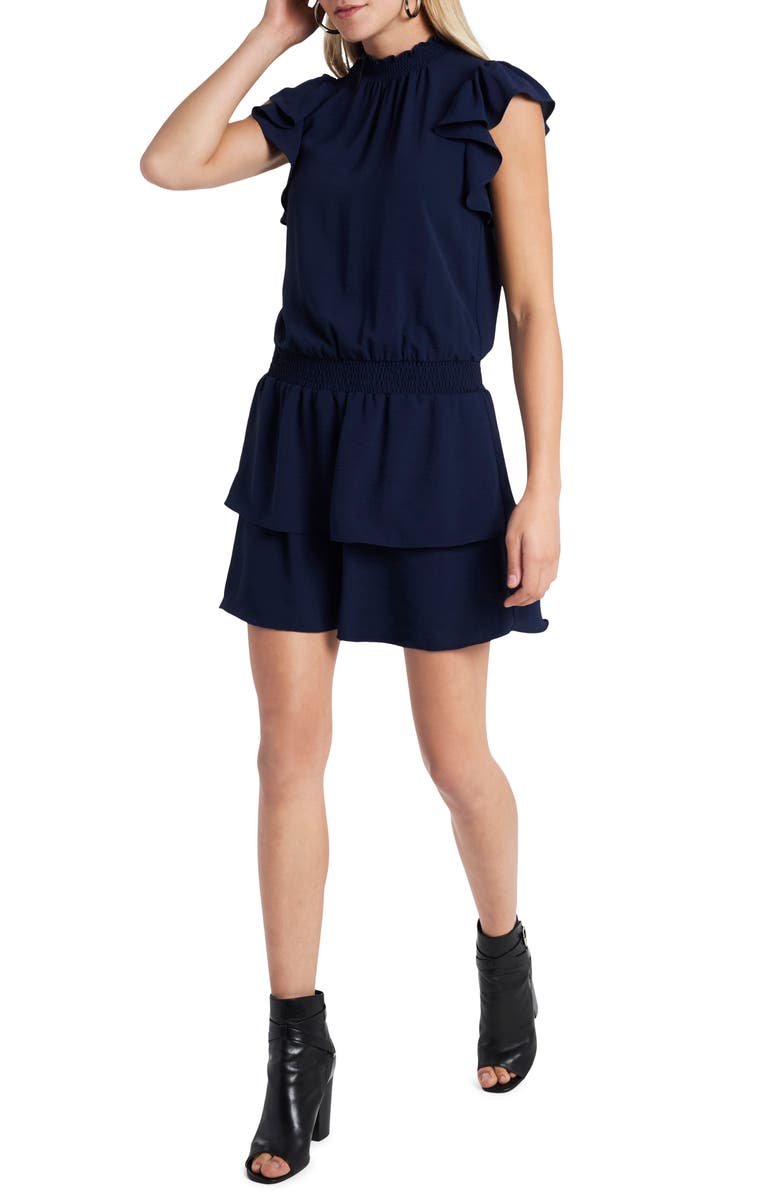 1.STATE Flutter Sleeve High Neck Tiered Dress, Main, color, 