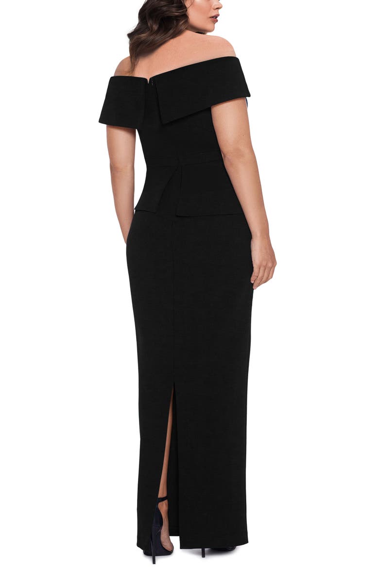 Xscape Off the Shoulder Scuba Crepe Column Gown, Alternate, color, BLACK