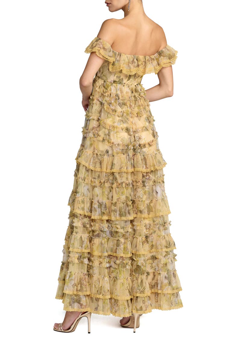Floral Print Off-the-Shoulder Ruffle Tiered Mesh Gown, Alternate, color, Buttercream