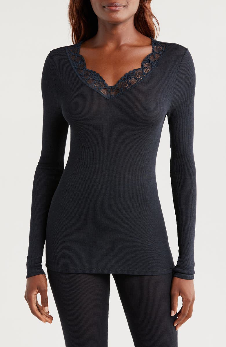 Hanro Lace Trim Merino Wool & Silk Pajama Top, Main, color, 