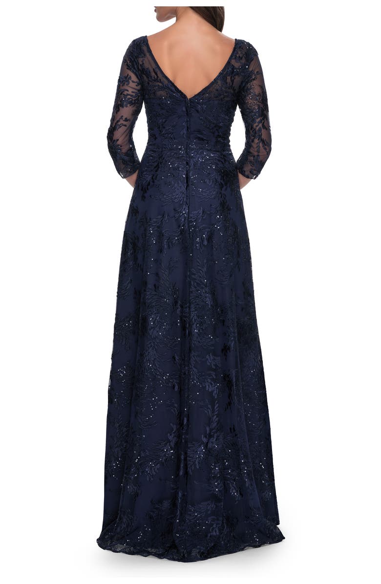 La Femme Beautiful Lace Mother of the Bride Dress with Illusion Neckline, Alternate, color, Navy