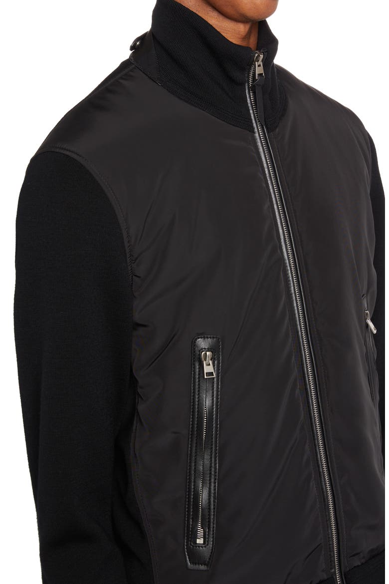 Mixed Media Funnel Neck Zip Sweater, Alternate, color, BLACK