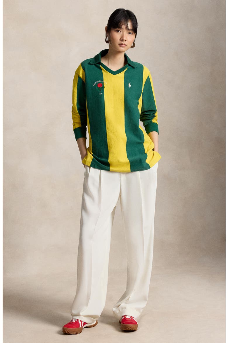 Oversized Long Sleeve Cotton Rugby Shirt, Alternate, color, KELLY GREEN/ CANARY YELLOW