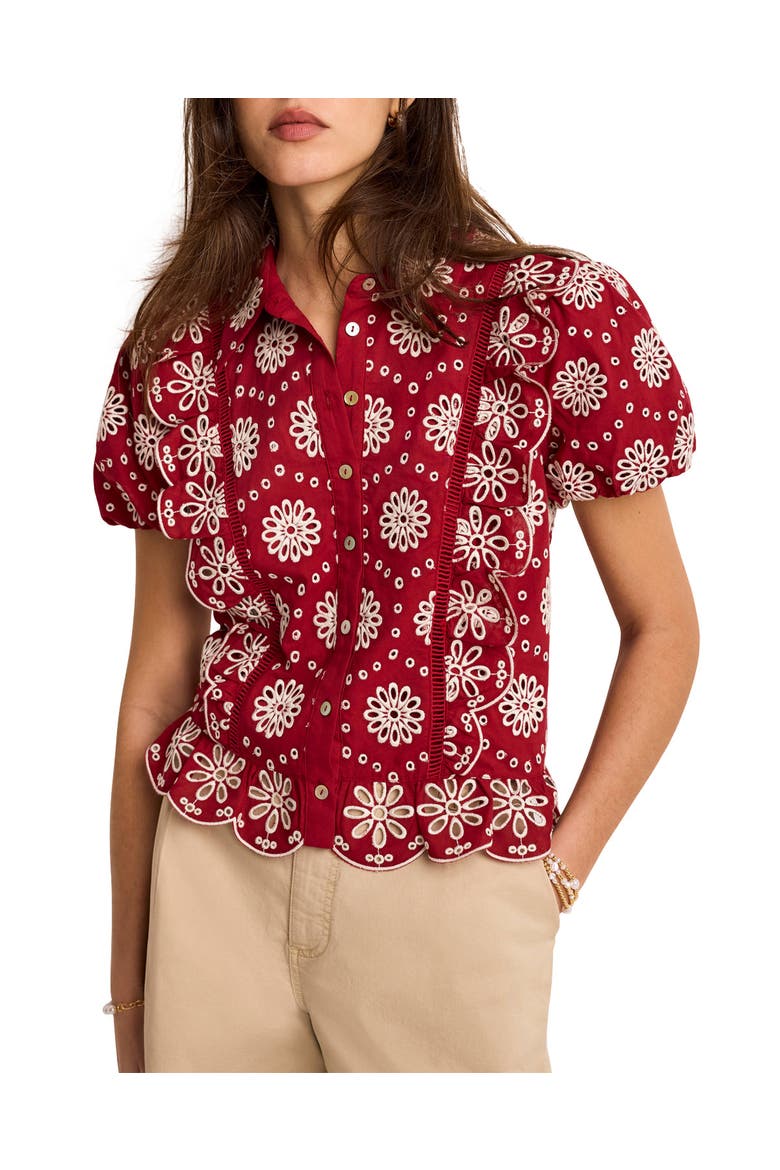 Eyelet Embroidered Puff Sleeve Blouse, Alternate, color, Red