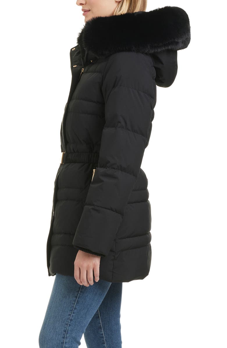 Kate Spade New York belted short down puffer jacket with removable faux fur trim, Alternate, color, 