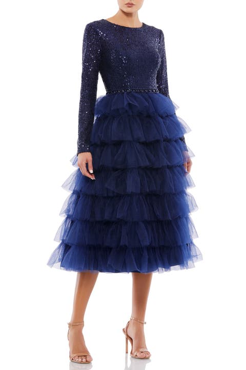 Sequined Layered Tulle A-Line Cocktail Dress