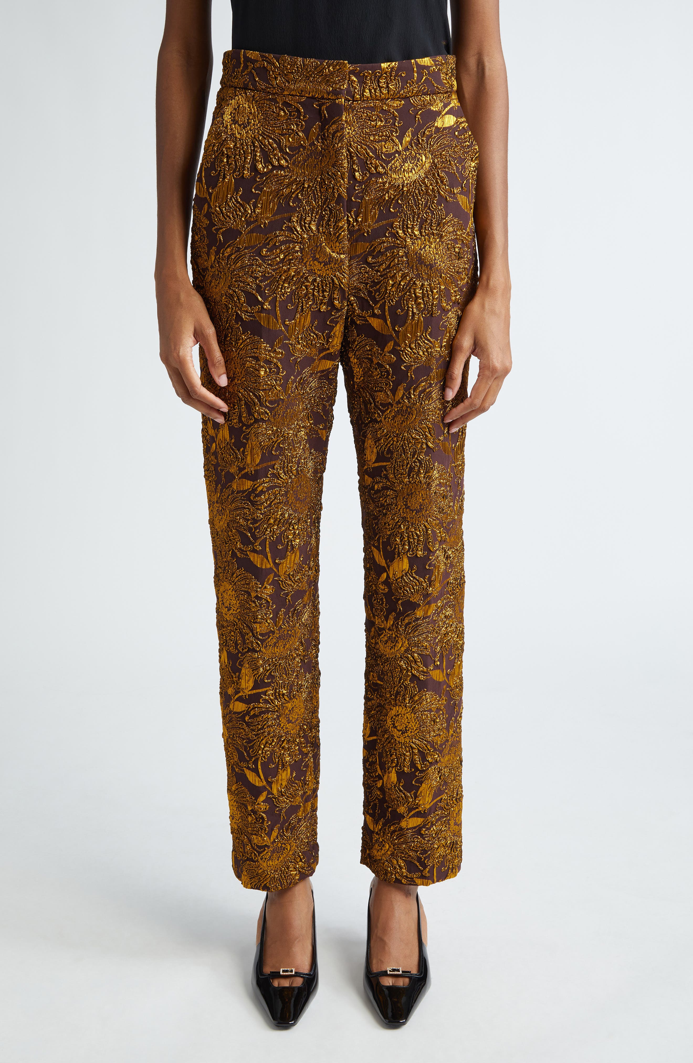 Lela Rose Sunflower Brocade Ankle Pants in Chestnut/Gold 