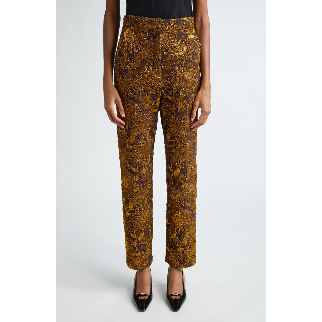 Lela Rose Sunflower Brocade Ankle Pants in Chestnut/Gold