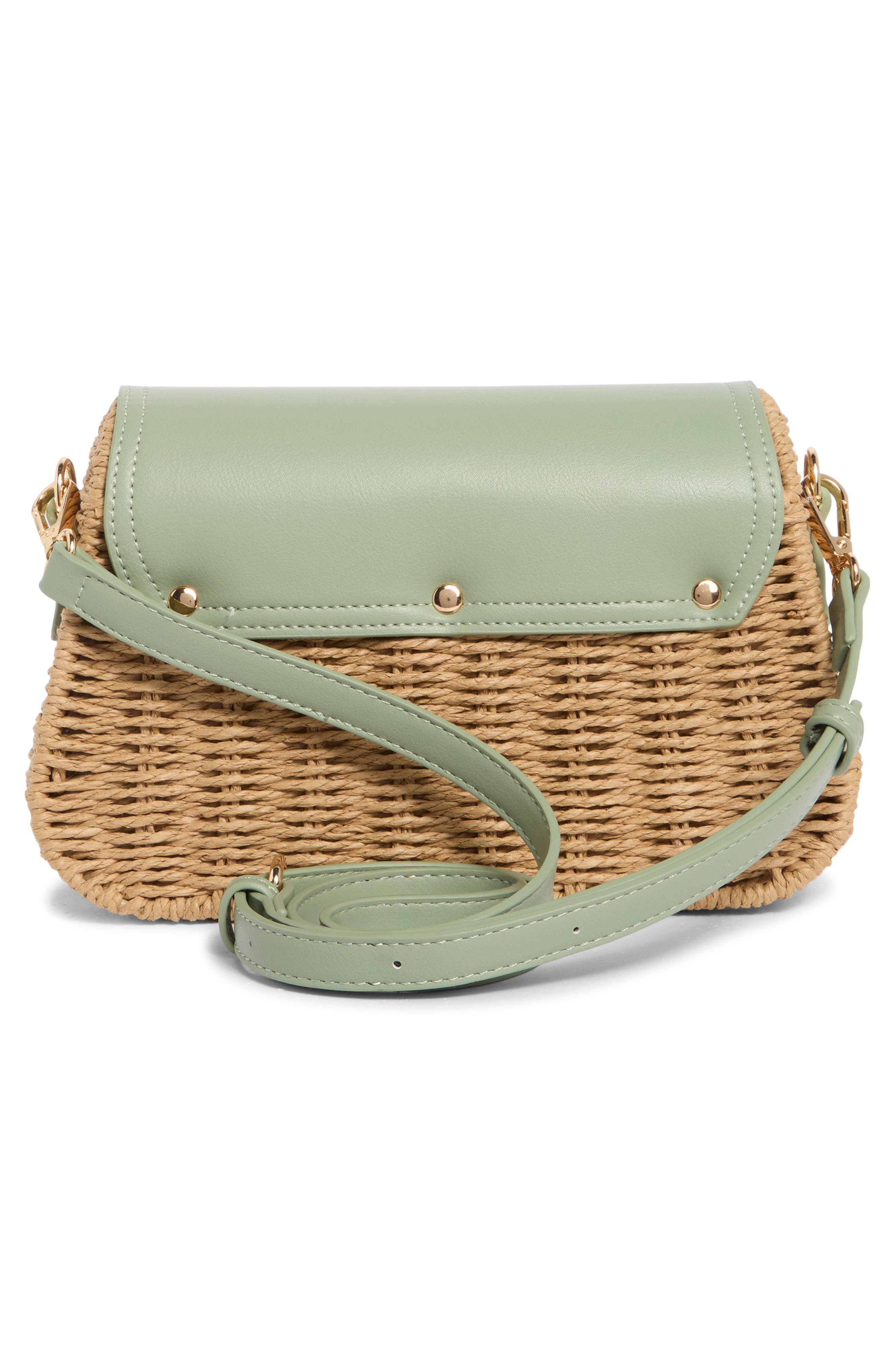 URBAN EXPRESSIONS HANDBAGS Straw & Faux Leather Crossbody Bag, Alternate, color, Sage Camel
