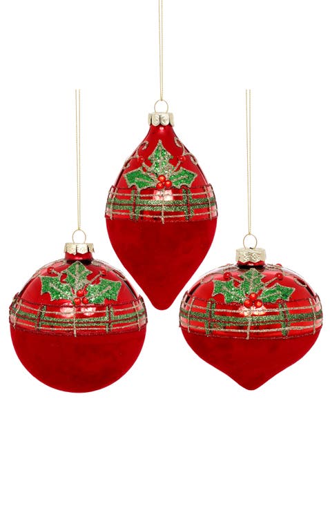 Holly Trim Velvet Ornament, Box of 6