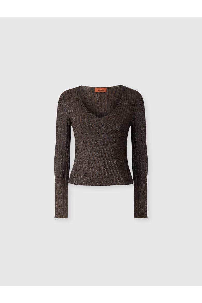 Ribbed Viscose Lamé V-neck Sweater, Main, color, Brown