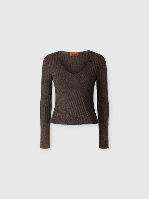 Ribbed Viscose Lamé V-neck Sweater