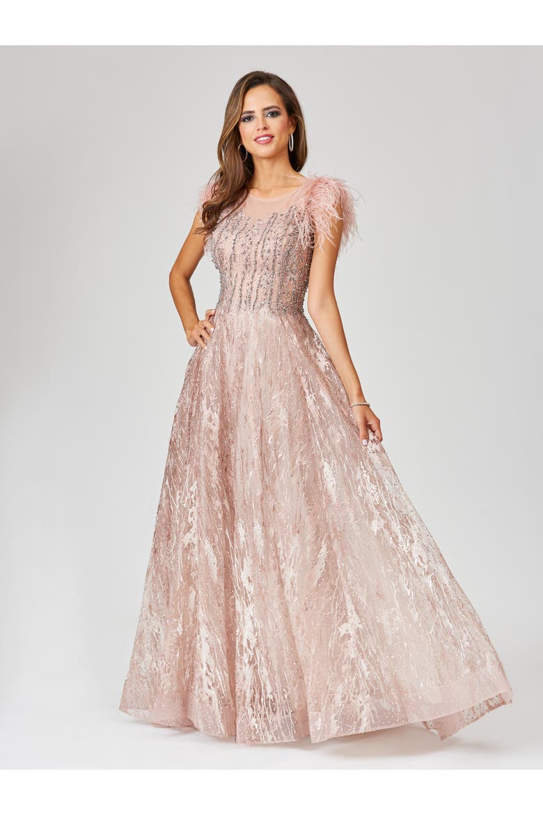 Lace ballgown with Feather Cap Sleeves, Main, color, Blush