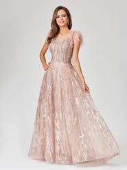LARA New York Lace ballgown with Feather Cap Sleeves
