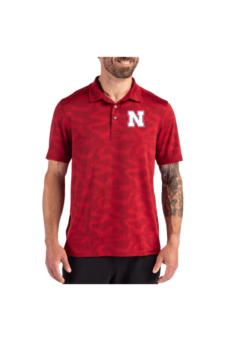 Men's Cutter & Buck Scarlet Nebraska Huskers Coastline Recycled Double-Peached Camo Polo, Main, color, Scarlet