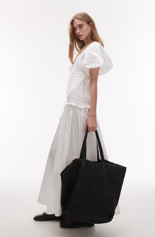 Topshop Puff Sleeve Square Neck Shirred Midi Dress In White