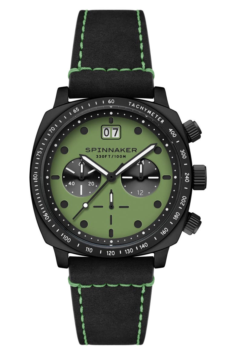 Hull Chronograph Leather Strap Watch, 42mm, Main, color, GREEN
