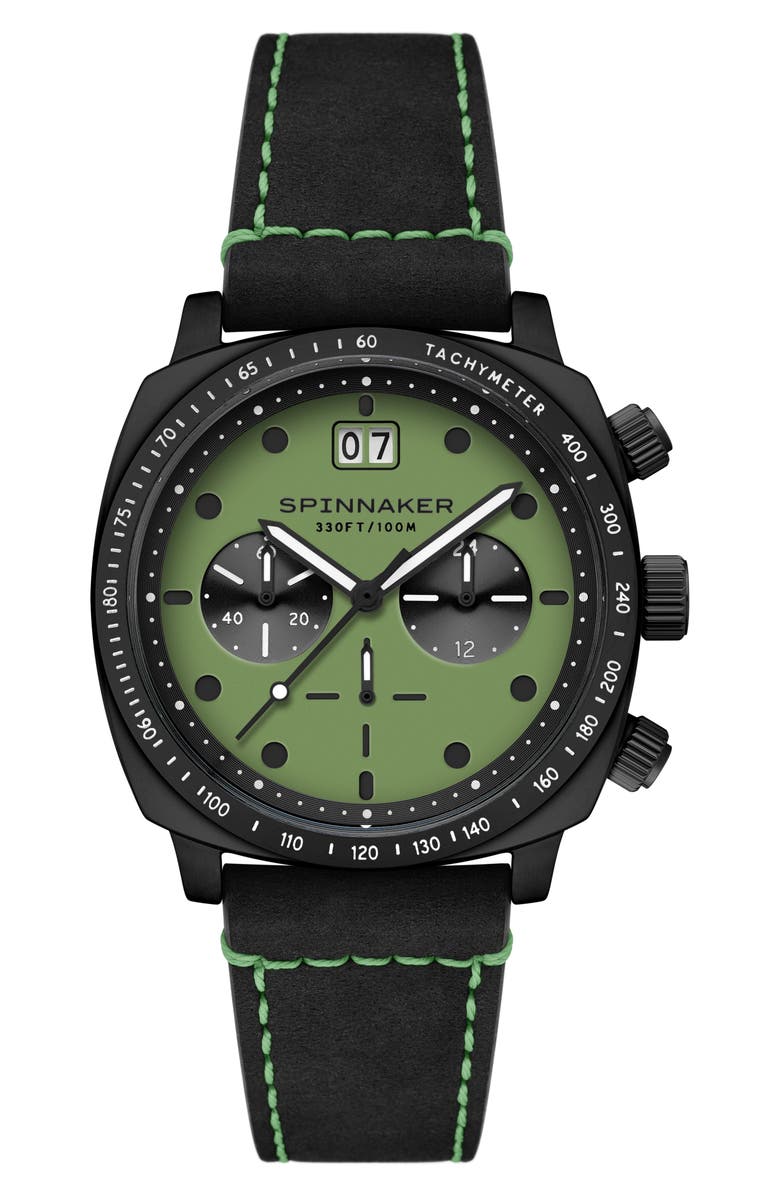 SPINNAKER Hull Chronograph Leather Strap Watch, 42mm, Main, color, Green