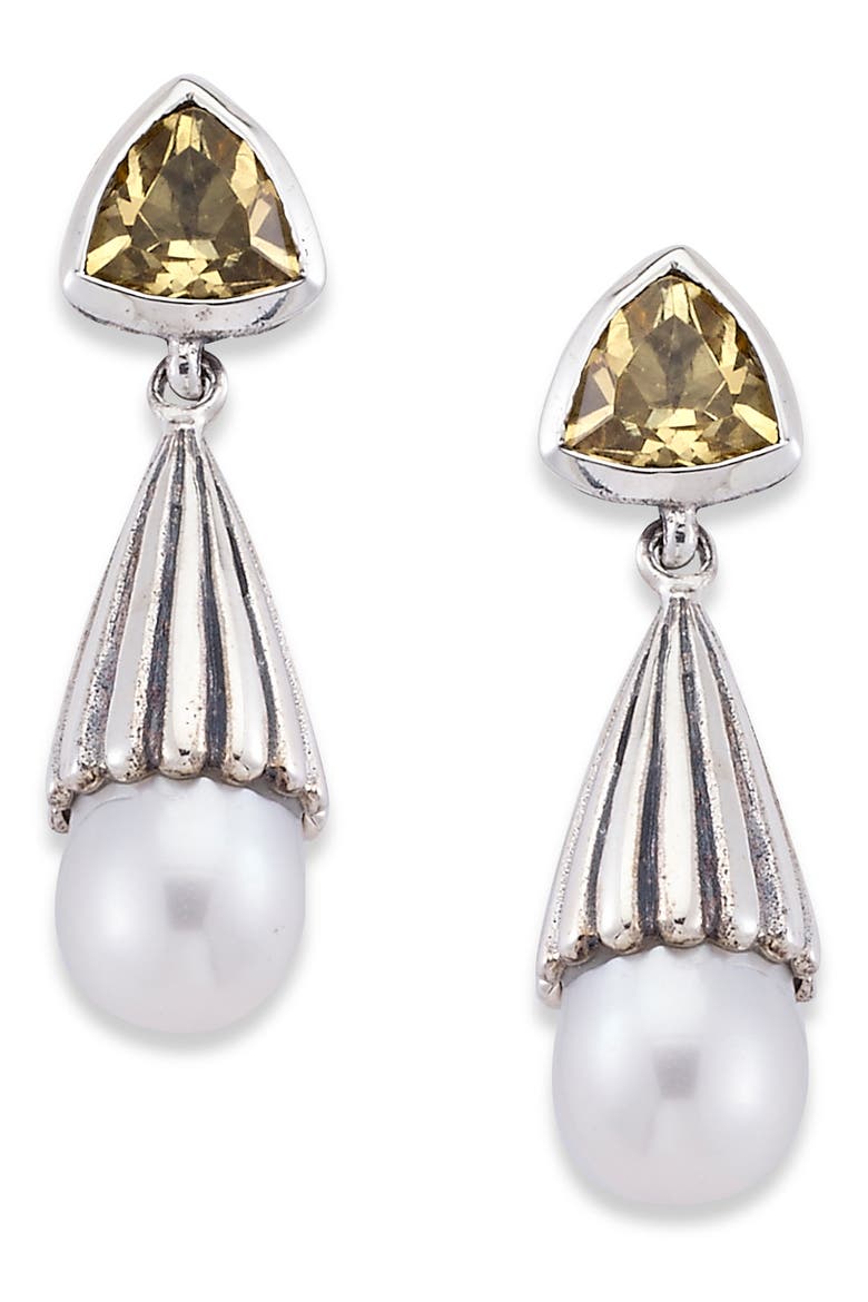Citrine & Freshwater Pearl Drop Earrings, Main, color, SILVER MULTI
