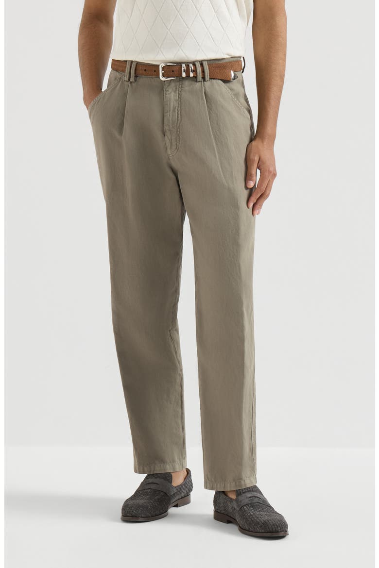 Garment-dyed trousers in cotton and linen canvas with pleat, Main, color, Military