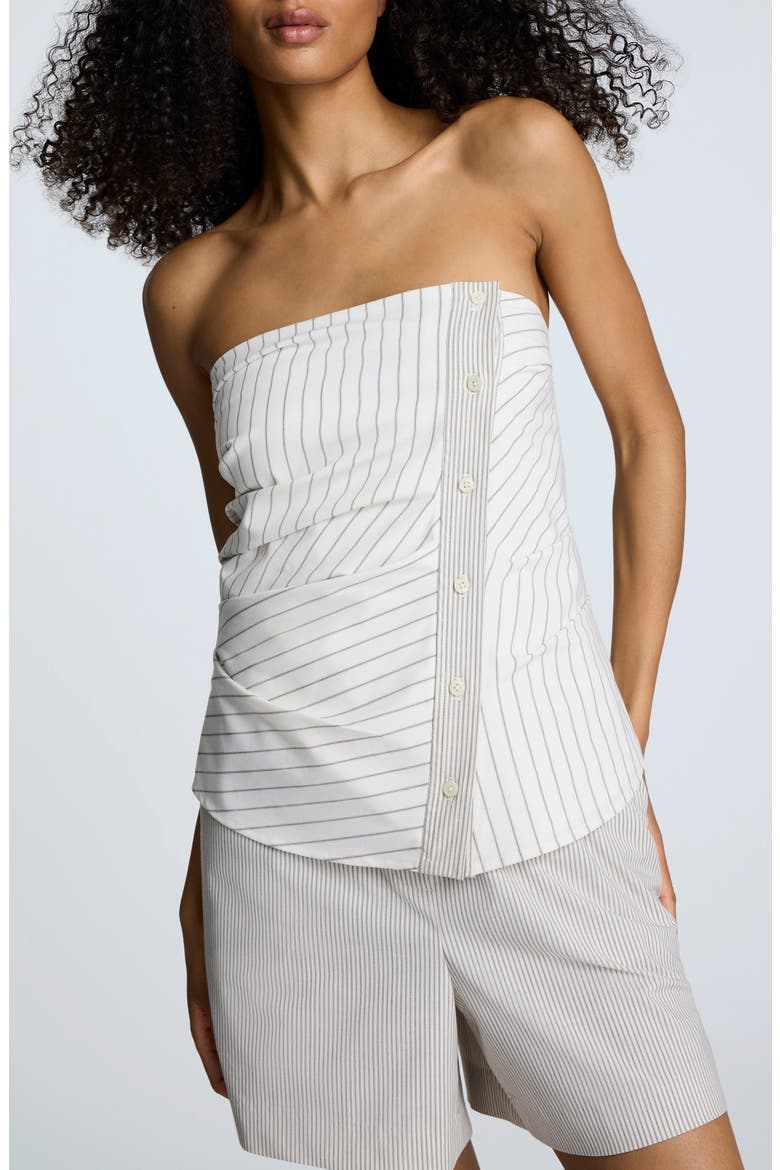 Ruched Stripe Strapless Top, Main, color, PURE WHITE/ BEIGE BRONZ