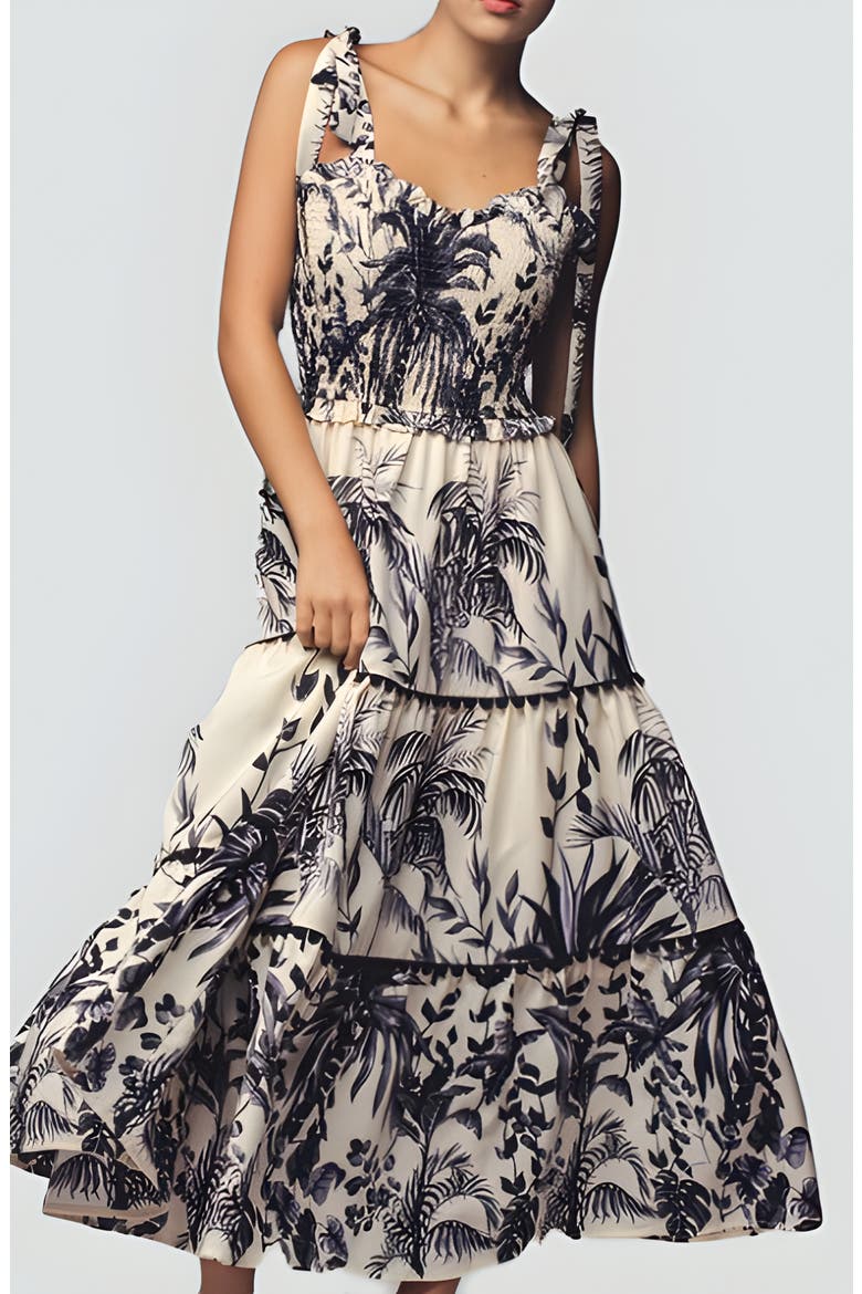 Tropical Print Tiered Midi Dress with Pom Trim and Smocked Bodice, Alternate, color, Ivory / Black