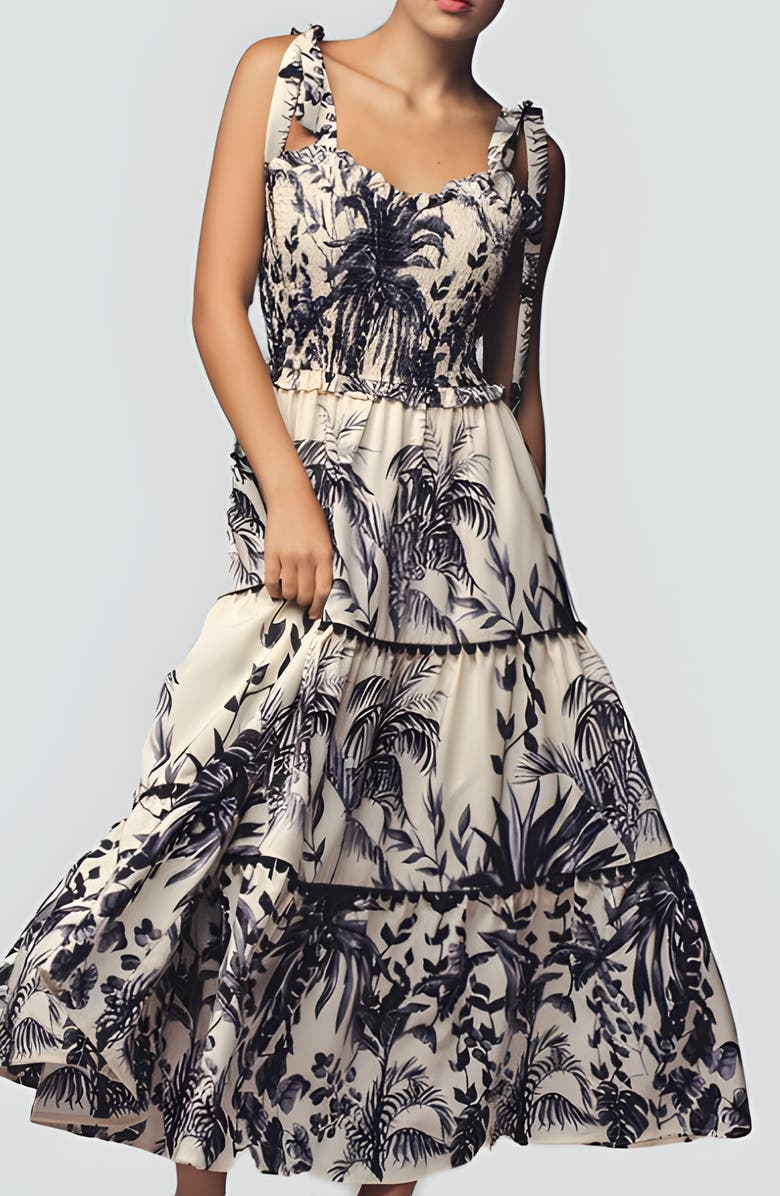 Modenaire Tropical Print Tiered Midi Dress with Pom Trim and Smocked Bodice, Alternate, color, Ivory / Black