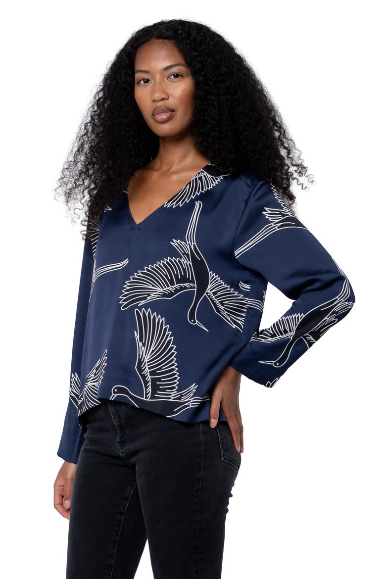 Jones Bird Print V-Neck Top, Alternate, color, NAVY MULTI