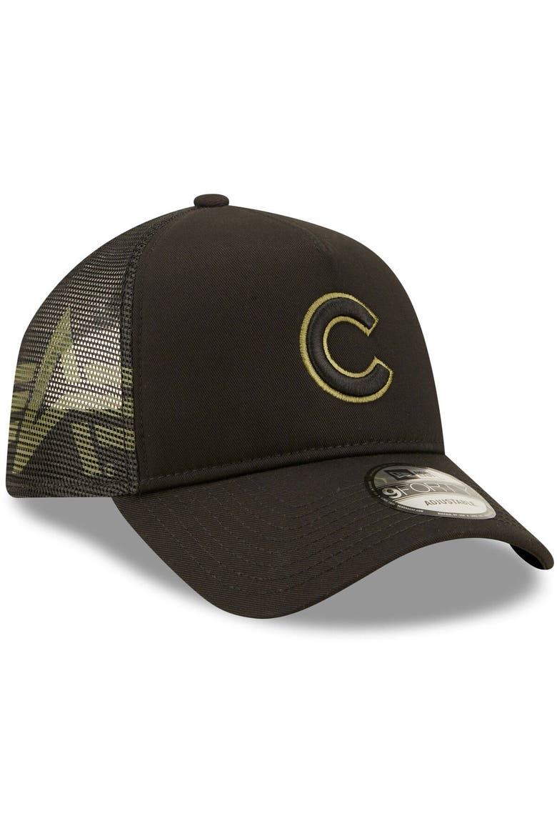 Men's New Era x Alpha Industries Black Chicago Cubs A-Frame 9FORTY Trucker Snapback Hat, Alternate, color, Black